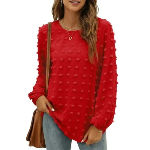 Fantaslook Women's Chiffon Long Sleeve Crewneck Blouse with Pom Pom Details
