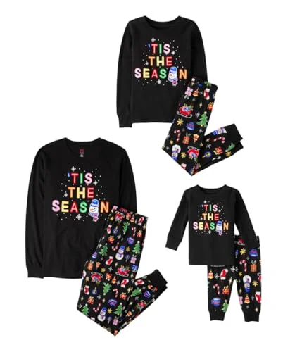The Children's Place Unisex Baby Family Matching Christmas Holiday Pajama Sets, Cotton, Black Glow - Kid, 5