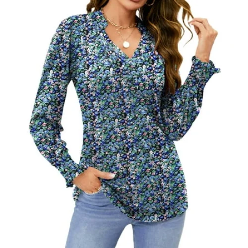 Fantaslook Women's V Neck Puff Long Sleeve Tunic Tops Button Floral Fall Shirts