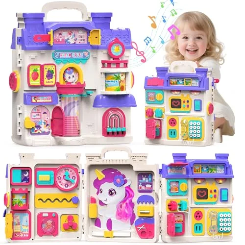 Nicella Busy Board for 1 Year Old Girl Gifts, Montessori Toys for 1 2 Year Old - 56+ Activities Bilingual Music Learning Sensory Toys for Toddlers 1-3 - Birthday Gift for 1+ Year Old Girl Boy