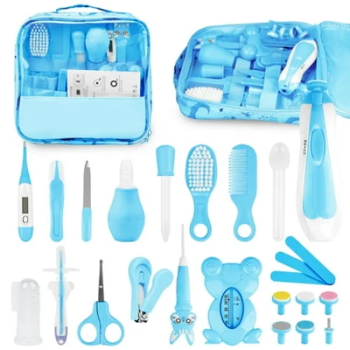 Baby Healthcare and Grooming Kit, 25 in 1 Baby Electric Nail Trimmer Set Newborn Nursery Health Care Set for Newborn Infant Toddlers Baby Boys Girls Kids Haircut Tools,Blue Baby Grooming kit