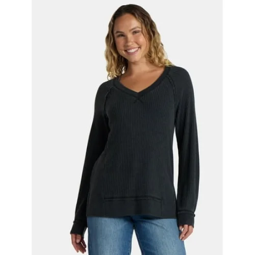Time and Tru Women's and Women's Plus V Neck Tunic Sweatshirt with Long Sleeves, Sizes XS-4X