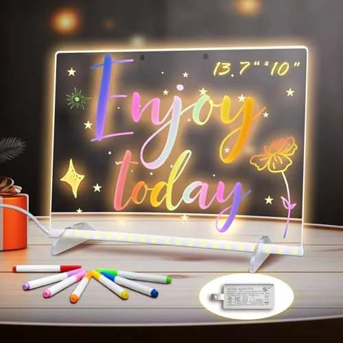 LED Note Board with Colors, 13.7"X10", 6 Modes & 8 Colors Acrylic Dry Erase Board for Kids