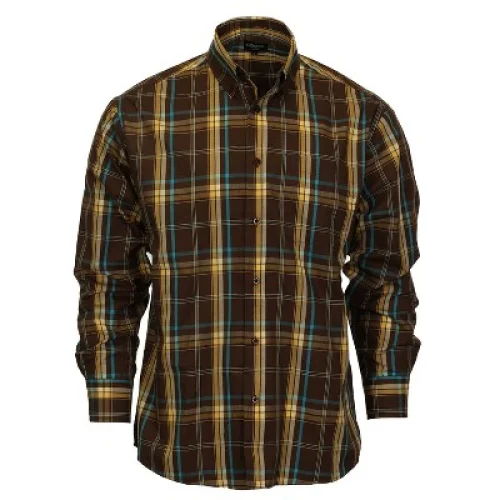 Men's Gioberti Long Sleeve Plaid Shirt, Brown/Yellow/Turquoise, Medium Size