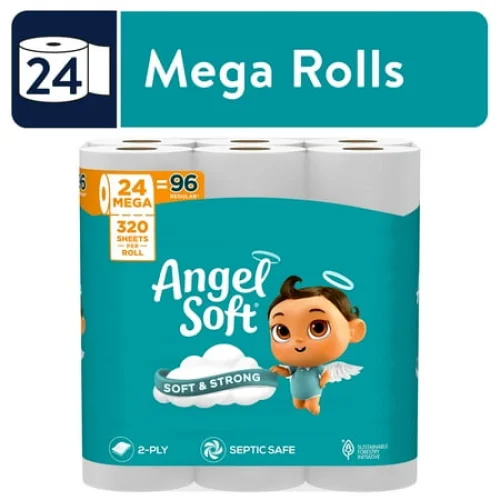 24 Angel Soft 2-Ply Toilet Paper Mega Rolls - Soft and Strong for Lasting Comfort