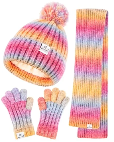 Kids Winter Beanie Gloves Scarf Set, Girls Toddler Winter Hat With Pom Neck Warmer Fleece Lined Set