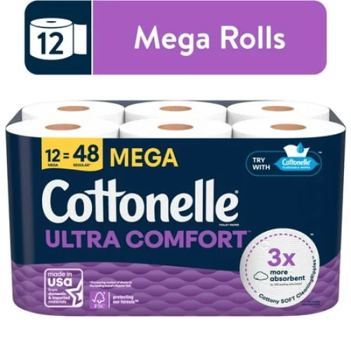 12 Mega Rolls Cottonelle Ultra Comfort Toilet Paper, Soft Tissue with CleaningRipples for Comfort