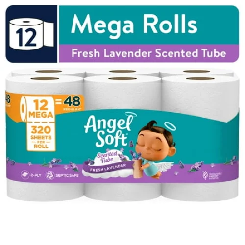 12 Mega Rolls Angel Soft 2-Ply Toilet Paper with Fresh Lavender Scented Tube