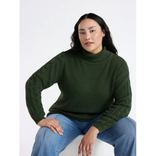 Time and Tru Women's Turtleneck Sweater with Cable Sleeves, Midweight, Sizes XS-4X