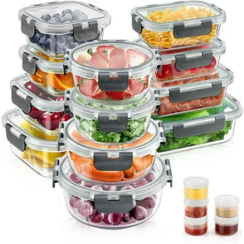 34-Piece Glass Food Storage Containers with Lids Set, Airtight, BPA-Free, Grey, Microwave, Oven, Dishwasher Safe
