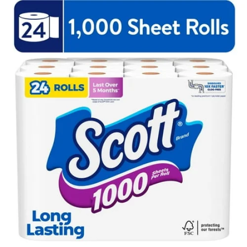 24 Rolls Scott 1000 Toilet Paper, 1000 Sheets Per Roll, Clog-Free Technology for Low-Flow Toilets
