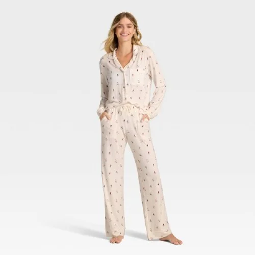 Women's Cloud Knit Modal Long Sleeve Notch Collar Top and Pants Pajama Set - Auden™ Cream Skiers L