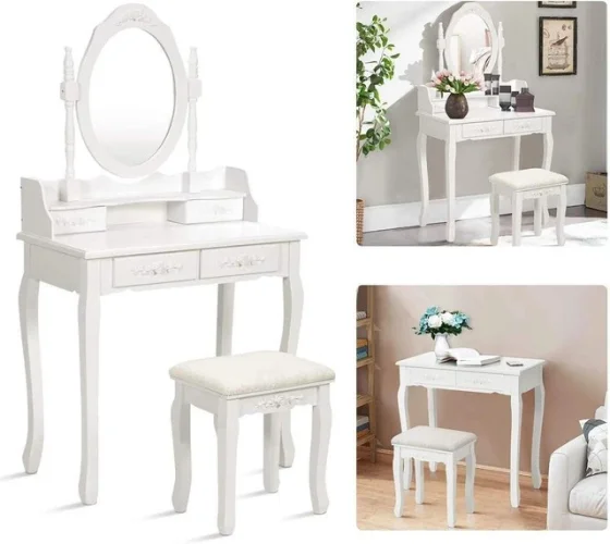 White Vanity Dressing Table Set With Mirror Stool 4 Drawers Makeup Desk Bedroom