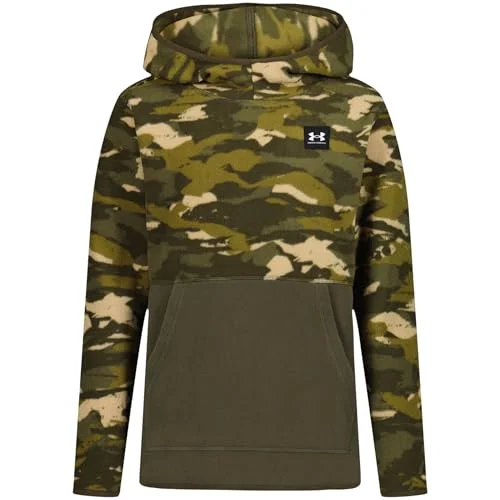 Under Armour Hundo Camo Hoodie for Boys, Soft Fleece, Hundo Colorblock Canteen Green