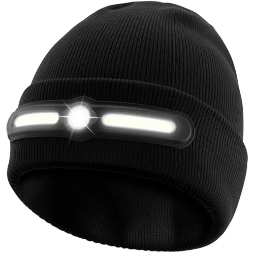 Huccbs Beanie with Light Unisex, USB Rechargeable Hat with Light, 4 Lighting Modes LED Headlamp Beanie for Men Dad Father Husband Him Christmas Black