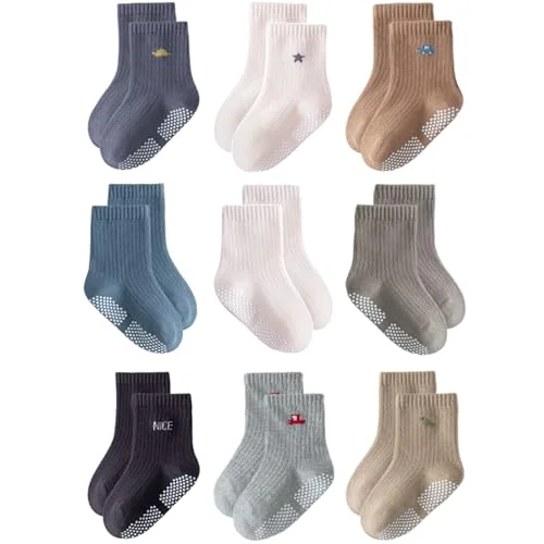 EUFANCE Toddler Grip Socks Non Slip Crew Socks Cute Seamless Cotton Socks for Baby Boys Girls Infants Kids 9 Pairs