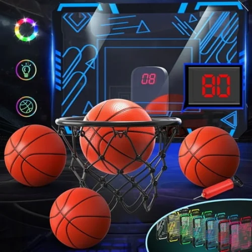 Indoor Mini Basketball Hoop for Kids with LED & Electronic Scoreboard, over The Door Basketball Hoop Toy with Foldable Rim, Birthday Gift for 5-13 Year Old Boys, Green