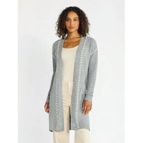 Time and Tru Women&rsquo;s Longline Cardigan Sweater with Whipstitch Trim, Midweight, Sizes XS-XXXL