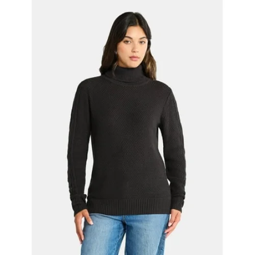 Time and Tru Women&rsquo;s and Women&rsquo;s Plus Turtleneck Sweater with Cable Sleeves, Midweight, Sizes XS-4X