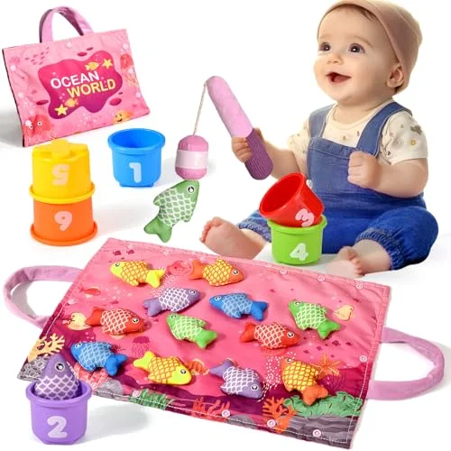 BAHIAKLO Montessori Toys for 1 Year Old Girl Gifts, Pink Cloth Fishing Toy for Toddler 1-3, Fine Motor Skills Toy Sorting Learning Baby Toys 6-12-18 Months, One Year Old Girl Boy Birthday Gifts