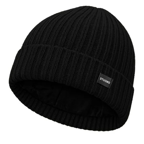 Dtuomo Winter Beanie Merino Wool Fleece Lined for Men Women Soft Warm Knit Hat Ski Stocking Cuffed Cap Black