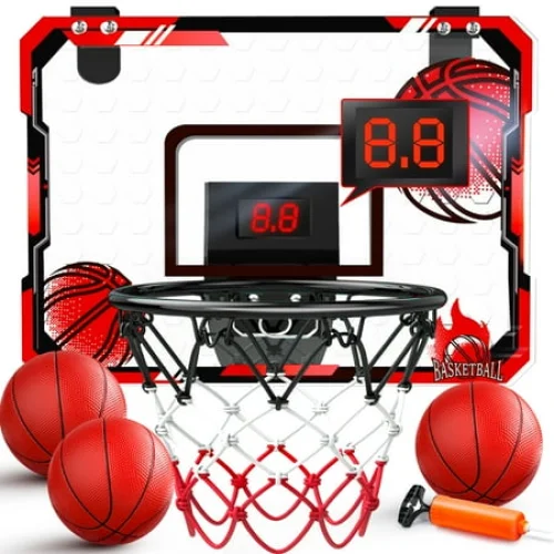 JoyStone Indoor Basketball Hoop for Kids, Mini Basketball Hoop with Electronic Scoreboard & Sounds, Over The Door Basketball Hoop 3 Balls for Kids & Adults, Red