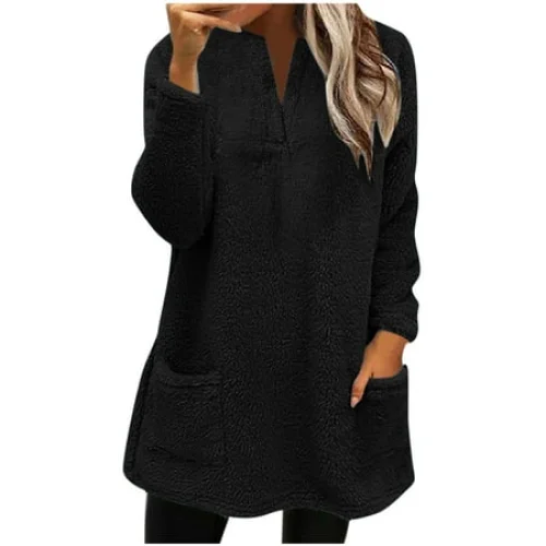 Patlollav Flash Picks 65% off Womens Winter Plus Blouses Loose Solid Pocket Warm Long Sleeve Tops