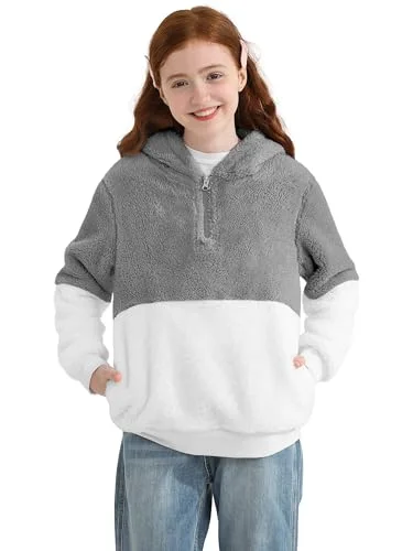 AlisOker Girls 1/4 Zip Up Fuzzy Fleece Pullover Hoodies Casual Loose Sweatshirt with Pockets Sherpa Hooded Outwear Coat
