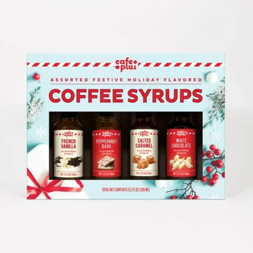 Four Pack Coffee Syrup Sampler with French Vanilla, Salted Caramel, Peppermint Bark, and White Chocolate Flavors