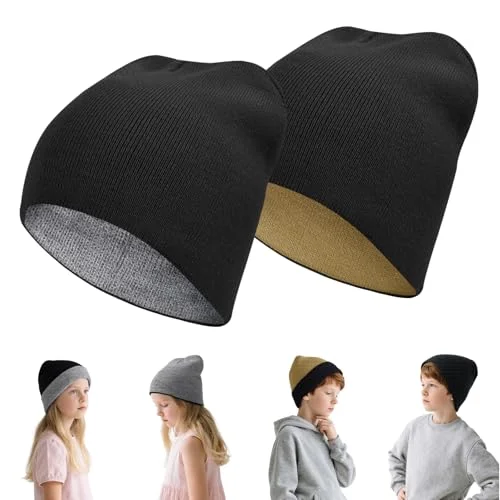 2-Pack Kids Knit Beanie Boys Girls Beanies - Reversible Winter Hats for 7-12 Years