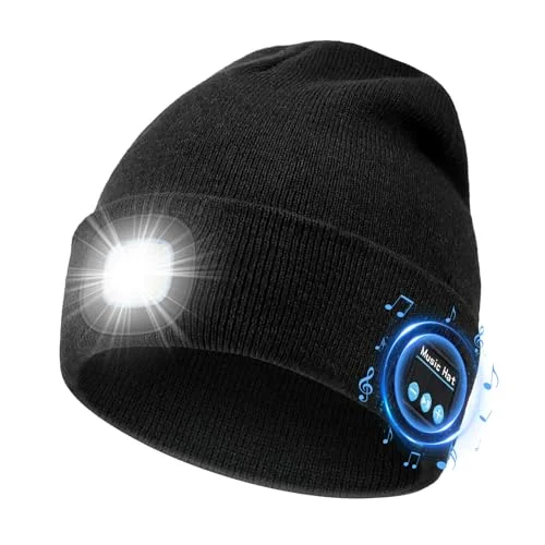 MUSIC LED Beanie Hat with Bluetooth, Rechargeable Hat with 3-Mode Headlamp & Hands-Free Calling,Warm Knit Cap for Men and Women, Ideal for Outdoor Night Activities