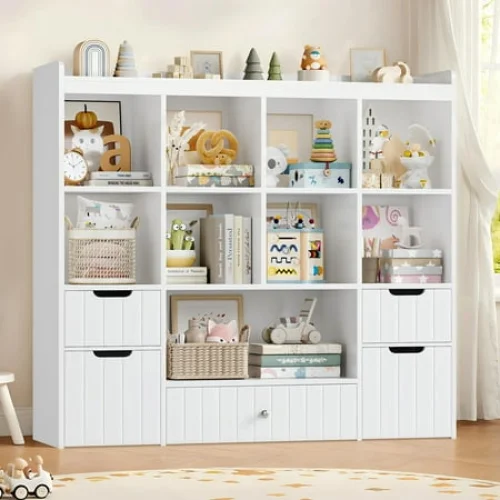 Homfa Kids Toy Storage Organizer with Cubby, Kids Toy Storage Chest with Removable Drawers, Kids Bookcase for Playroom Bedroom Living Room, White