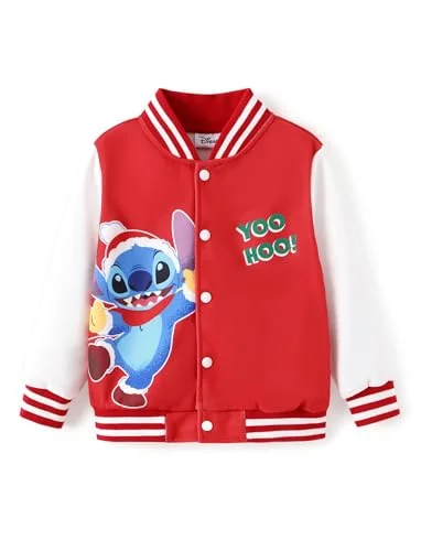 Disney Lilo & Stitch Girls/Boys Christmas Varsity Bomber Letterman School Baseball Jacket Lightweight Sweatshirt Classic Button up Coat 6-7 Years