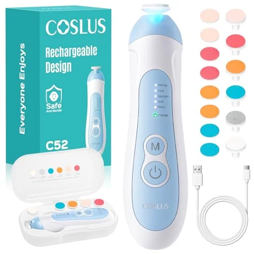 COSLUS Rechargeable Baby Nail File: Cordless Baby Nail Trimmer Electric, Baby Nail Clipper with 5 Speeds & 6 Grinding Heads for Baby Kid, CPC Certified & Quiet Design - Safe for Sleep Trim, C52 Blue