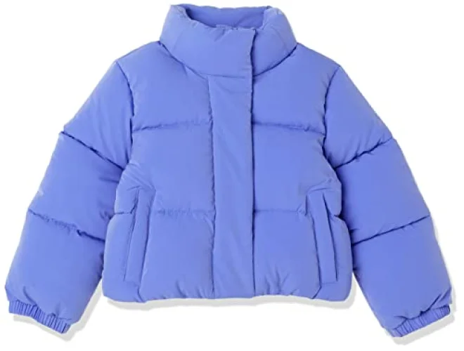 Amazon Essentials Girls' Cropped Full-Zip Puffer Jacket (Quilted Matte or Sherpa Fleece), Purple Blue, Large