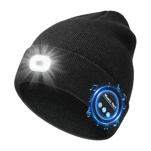 Bluetooth Beanie with Light, USB Rechargeable Knit Hat with Headphones and 3 Light Modes