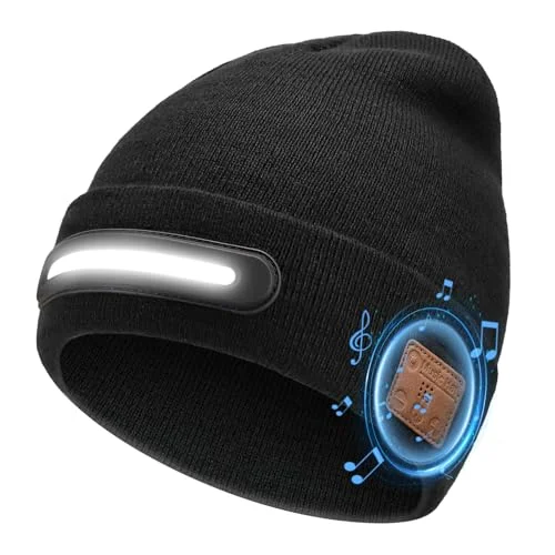 MUSIC Bluetooth Beanie Hat with LED Light for Men Women,Winter Warm Hat with 3-Modes Headlamp, Hands-Free Calling, Ideal Knitted Cap for Fishing Walking Shoveling Snow