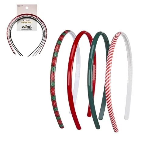 CONAIR Scunci Effortless Beauty Skinny headband -plastic Headbands for Women and Men - hair accessories for women - stocking stuffers - gifts for her - holiday headwear - Assorted Holiday - 4 Count