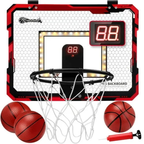 Ayieyill Indoor Basketball Hoop for Kids | Automatic Scoring Basketball Hoop with LED Light | Kids Basketball Hoop for Door with 3 Balls | Boy Toys | 15.7" x 11.8" | Black Red