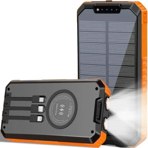 49800mAh Solar Power Bank with 3 Cables, 5W Wireless Charger, Flashlight for Outdoor Use