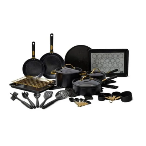 32-Piece Thyme & Table Aluminum Ceramic Non-Stick Cookware Set - Black Pots and Pans