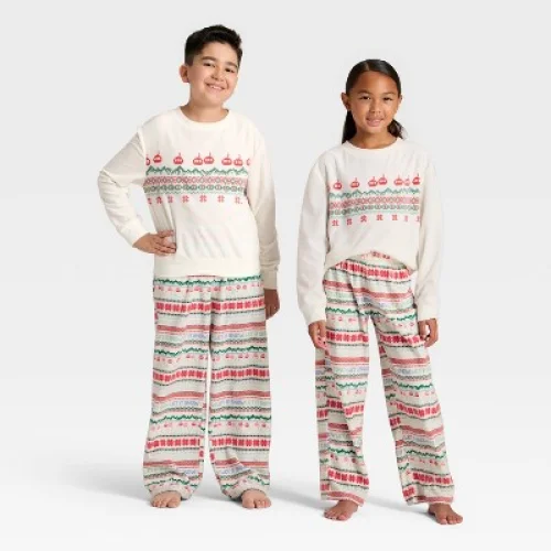 Kids' "Let it Snow" Fair Isle Microfleece Holiday Matching Family Pajama Pants - Wondershop&trade; Cream L