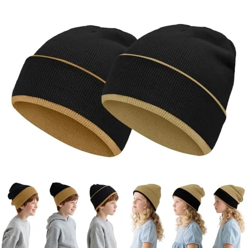 Rosoz 2-Pack Kids Beanie Boys Girls- Reversible Beanie with Double Sides- Big Kids Winter Hat for 7-12 Years Kids Knit Warm Caps