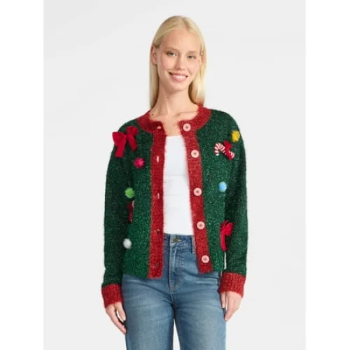 Women's Embellished Button Front Christmas Cardigan from Holiday Time, Sizes XS-XXXL