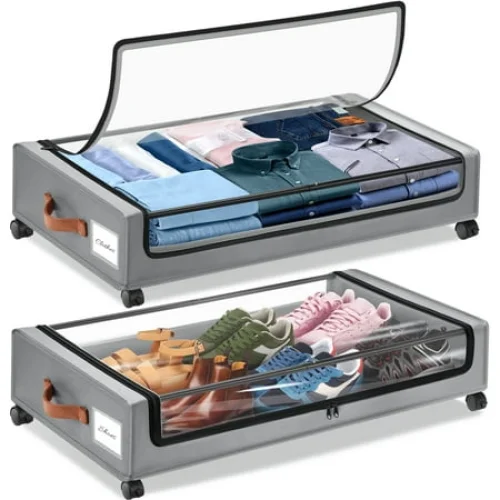 2-Pack Livhil Under Bed Storage Containers with Wheels, Gray Fabric, Zipper Closure