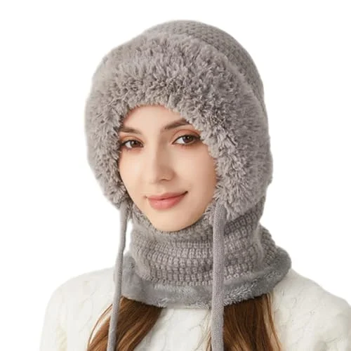 3 in 1 Beanie Hat for Women, Womens Balaclava Winter, Cold Knitted Hats, Gray