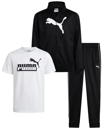 PUMA Boys 3-Piece Athletic Set - T-Shirt, Jacket, Jogger Pants - Size 14-16, White/Black Core
