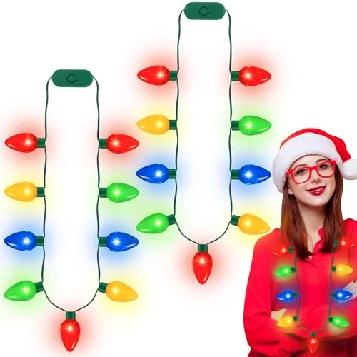 QZYL 2 Pack Christmas Light Necklace, Colorful Christmas Accessories, 9 LED Bulbs Light Up Necklace with 3 Flash Modes, Ugly Sweater Lights for Xmas New Year Party Favor Supplies Accessories