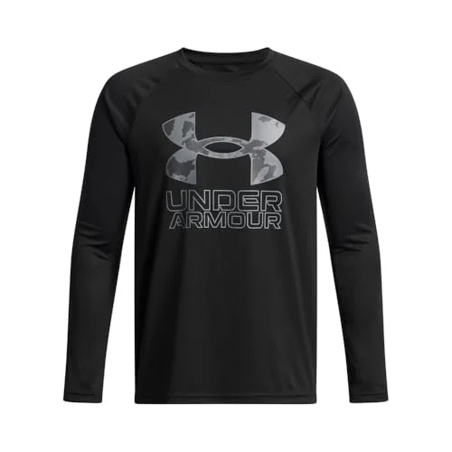 Under Armour Boys' Tech Hybrid Print Fill Long Sleeve, (005) Black / / Mod Gray, Large