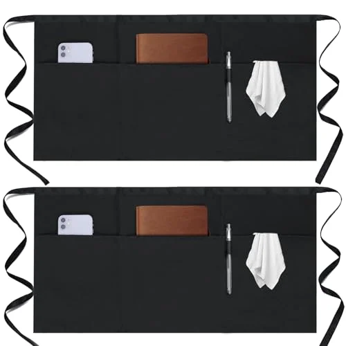 Gxrnydb 2 Pack Server Apron - Waist Half Aprons for Waitress with 3 Pockets, Black Short Serving